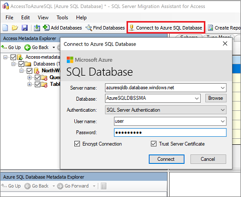 연결 세부 정보를 입력하기 위한 “Azure SQL Database에 연결” 창의 스크린샷.