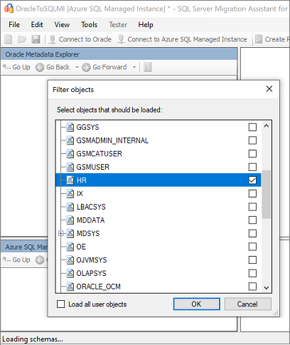  Oracle 스키마 선택을 보여주는 스크린샷