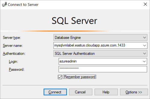 Azure VM의 SQL Server에 연결하는 데 필요한 세부 정보를 보여주는 스크린샷