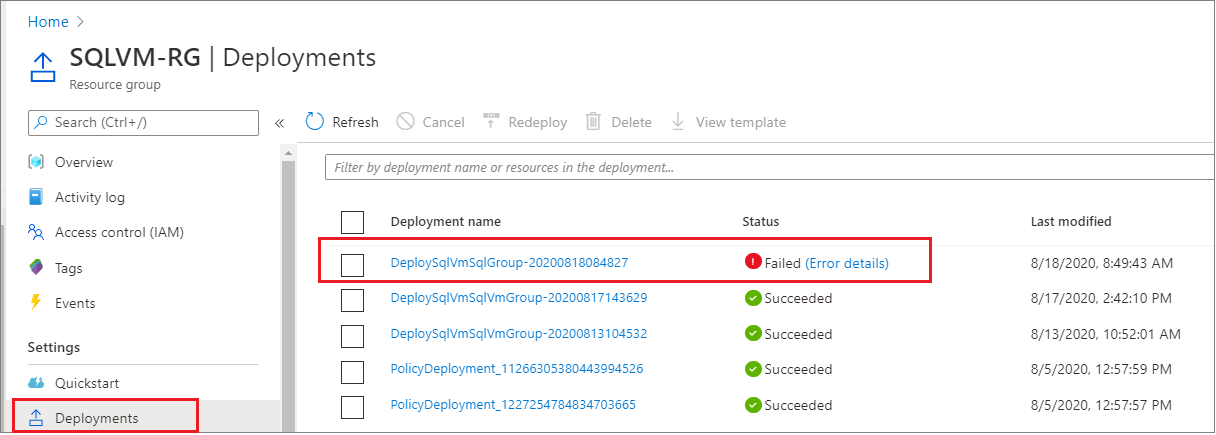 배포 목록에서 실패한 가용성 그룹 배포를 보여 주는 Azure Portal 스크린샷