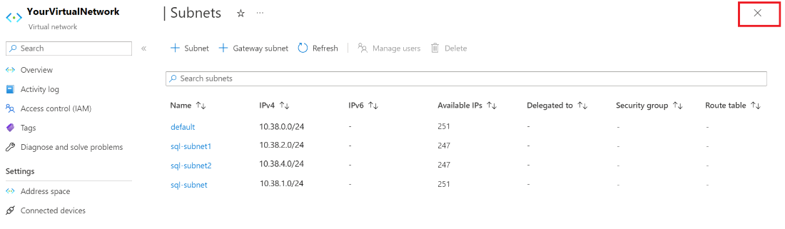 가상 네트워크에 대한 서브넷 관리 창을 보여 주는 Azure Portal 스크린샷