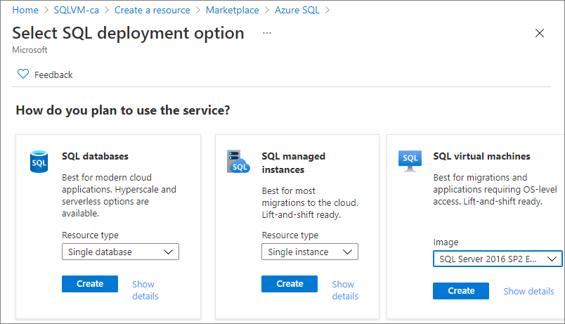  포털의 Azure SQL 페이지에서 만들기를 선택한 다음, 드롭다운에서 Windows Server 2016의 SQL Server 2016 SP2 Enterprise 이미지를 선택함