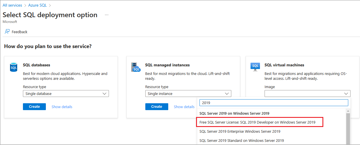 SQL VM 이미지 배포 옵션 선택의 Azure Portal 스크린샷.