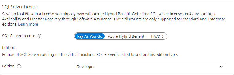 SQL Server VM 메타데이터 버전 및 에디션을 변경할 위치를 보여 주는 Azure Portal, SQL 가상 머신 리소스 스크린샷.