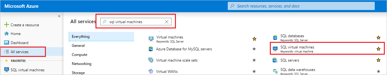 Azure Portal, 선택된 모든 서비스 및 하이라이트된 검색 상자의 스크린샷.