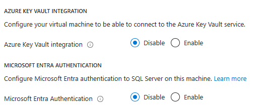 인증을 사용하도록 설정할 수 있는 SQL Server 보안 페이지인 Azure Portal 스크린샷