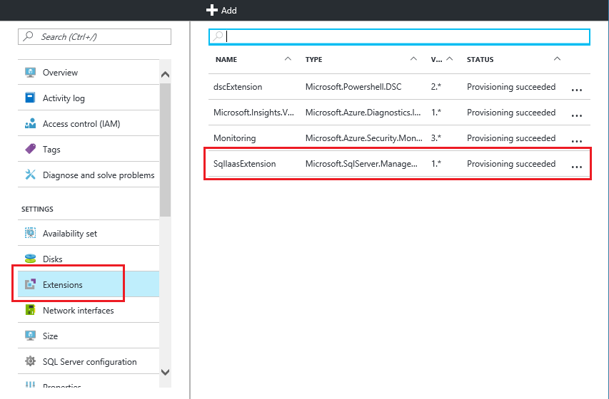 Azure Portal에서 SQL Server 에이전트 확장 상태의 스크린샷