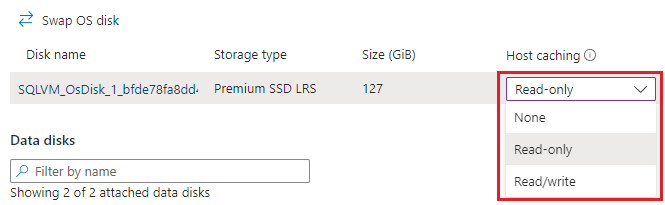 Azure Portal의 디스크 캐싱 정책 구성을 보여 주는 스크린샷