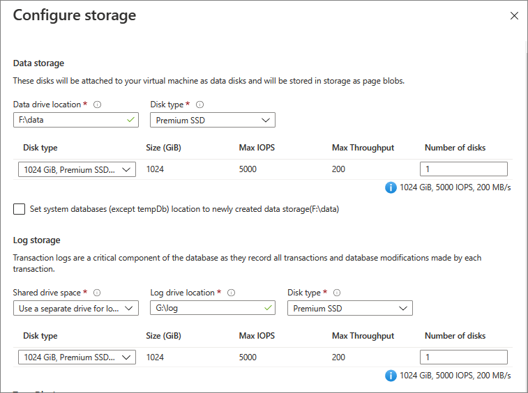 프로비전 중 SQL Server VM 스토리지 구성 페이지의 Azure Portal 스크린샷