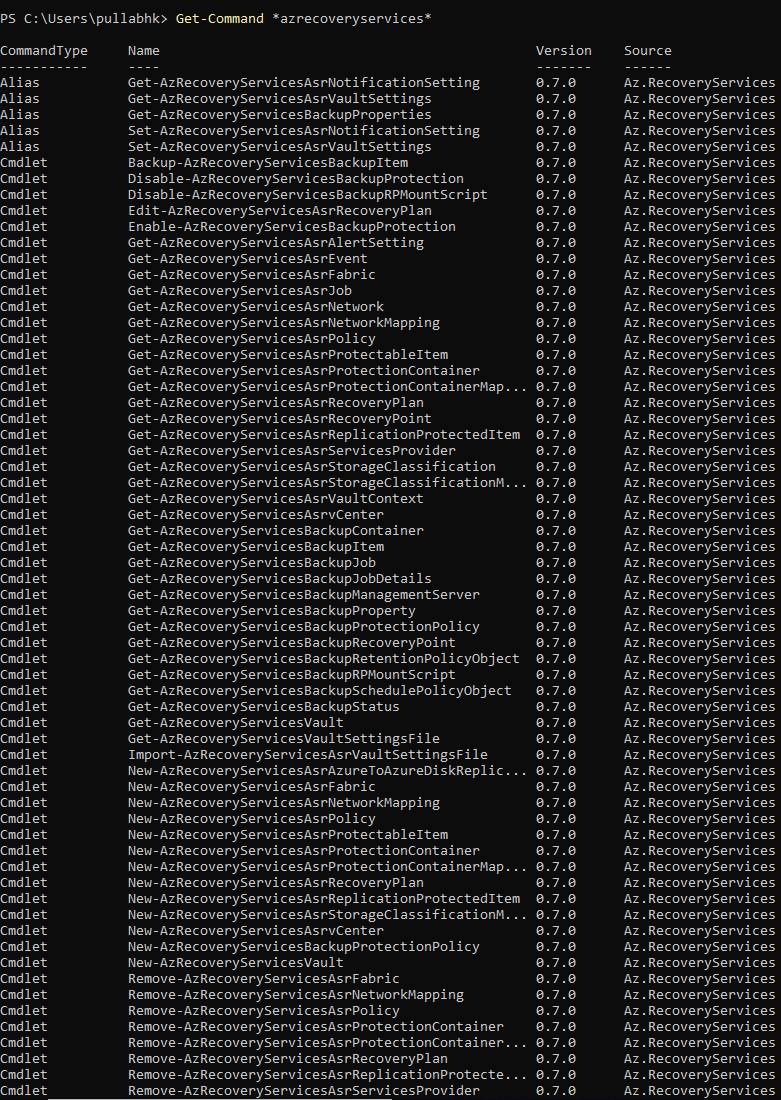 Recovery Services cmdlet 목록