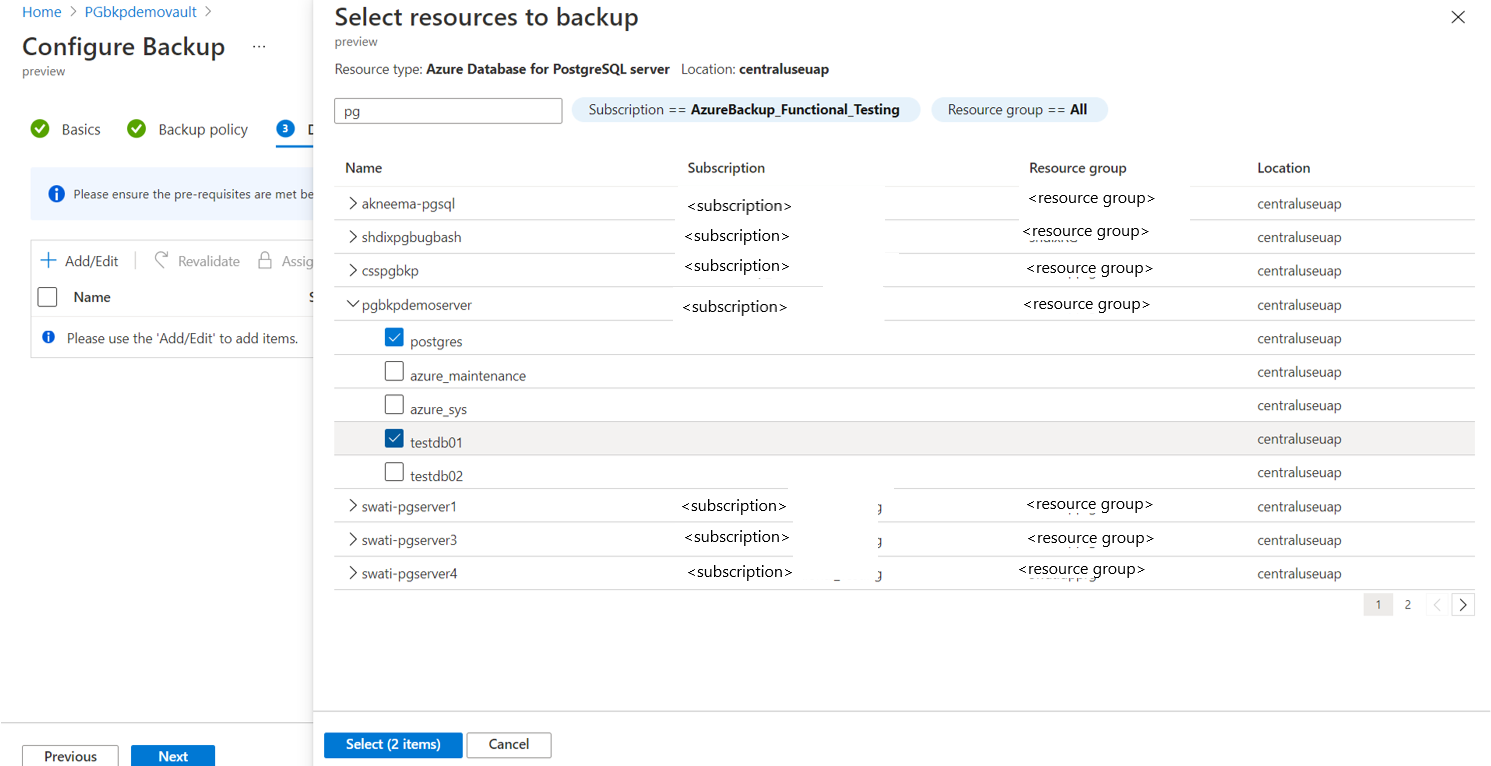 Azure PostgreSQL 서버를 선택하는 방법을 보여 주는 스크린샷.