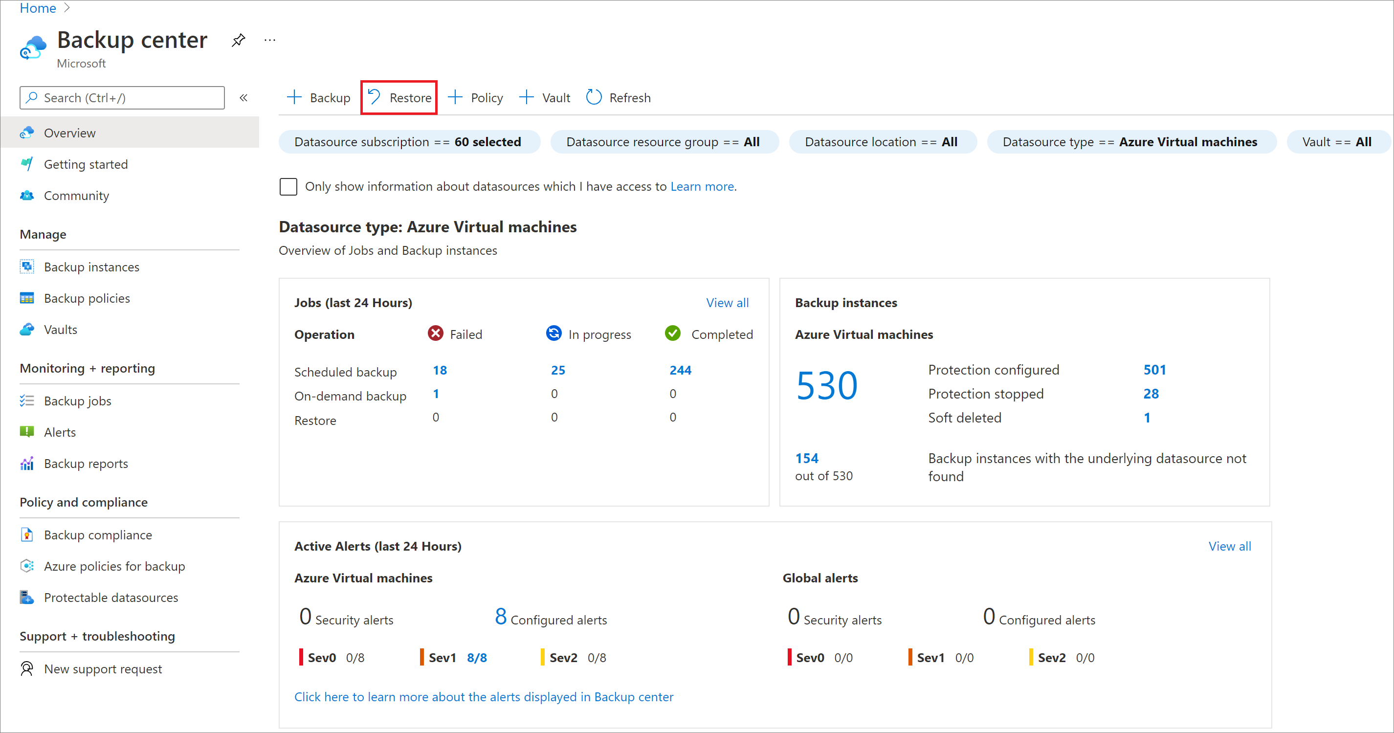 SAP HANA 데이터베이스 복원을 시작할 위치를 보여 주는 스크린샷