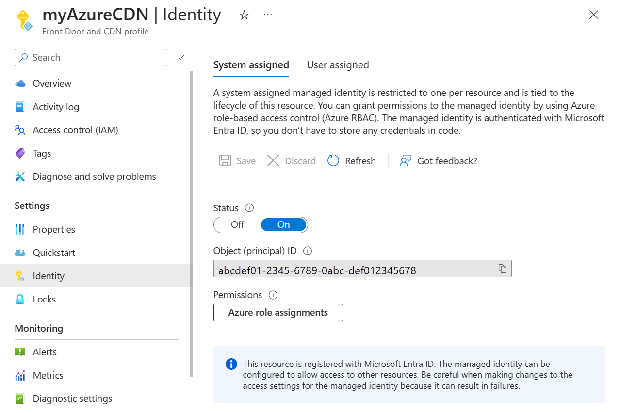 Microsoft Entra ID에 등록된 시스템이 할당한 관리 ID의 스크린샷.