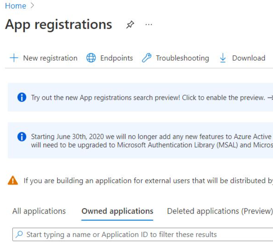 Azure Portal의 앱 등록 페이지를 보여 주는 스크린샷.