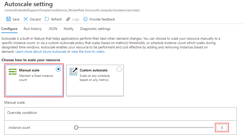 Azure Portal에서 수동 크기 조정을 설정하는 방법을 보여주는 이미지