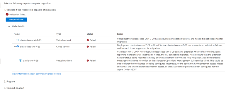 Azure Portal의 유효성 검사 오류를 보여 주는 이미지.