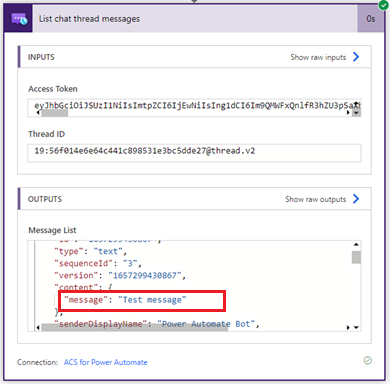 Screenshot that shows the Azure Communication Services Chat connector Send chat message action results.