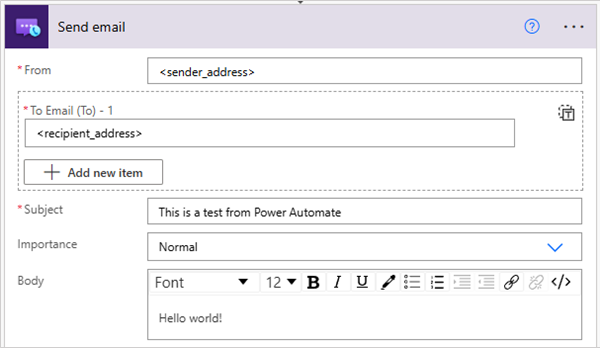 Azure Communication Services Email 커넥터 [이메일 보내기] 작업 입력을 보여주는 스크린샷.