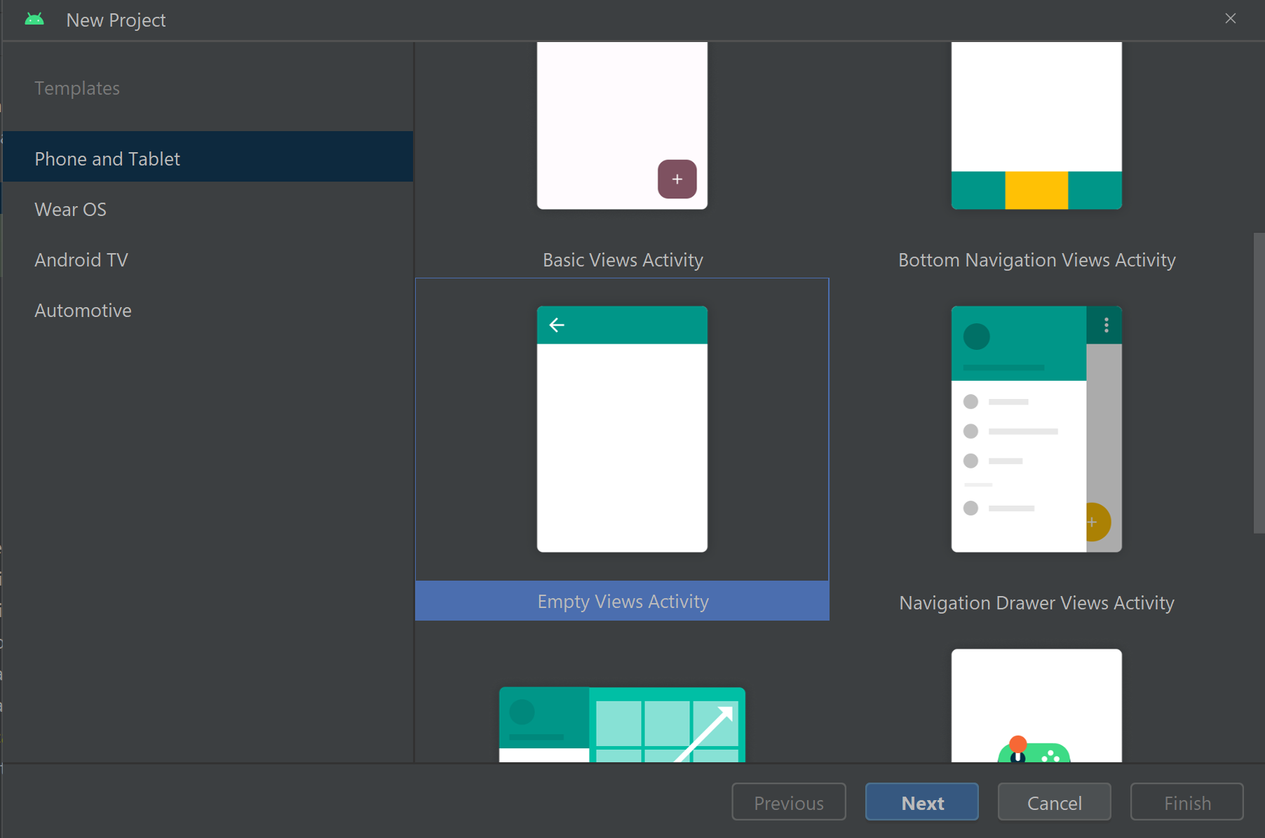 새 Android Studio 프로젝트 만들기 시작을 보여 주는 스크린샷