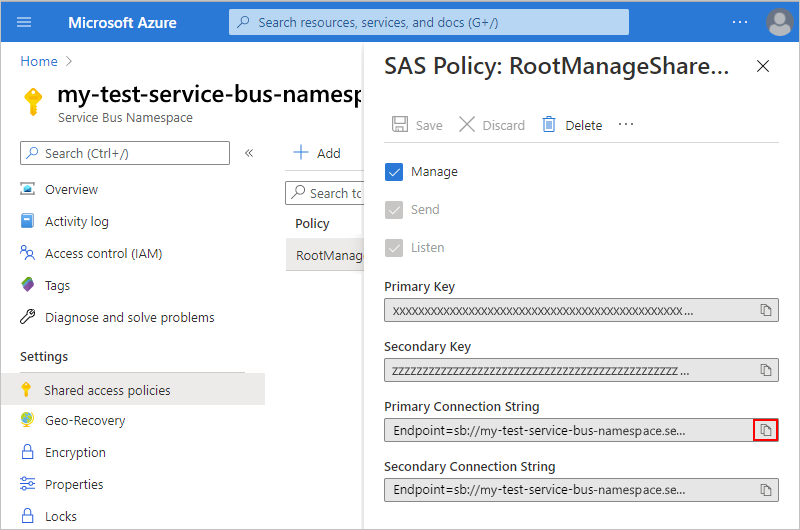 Service Bus 네임스페이스 연결 문자열과 복사 단추를 선택한 것을 보여 주는 스크린샷