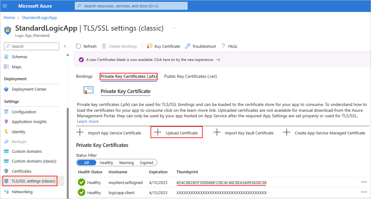 'TLS/SSL 설정(클래식)', '프라이빗 키 인증서(.pfx)' 및 '인증서 업로드' 항목이 선택된 Azure Portal 및 표준 논리 리소스를 보여 주는 스크린샷