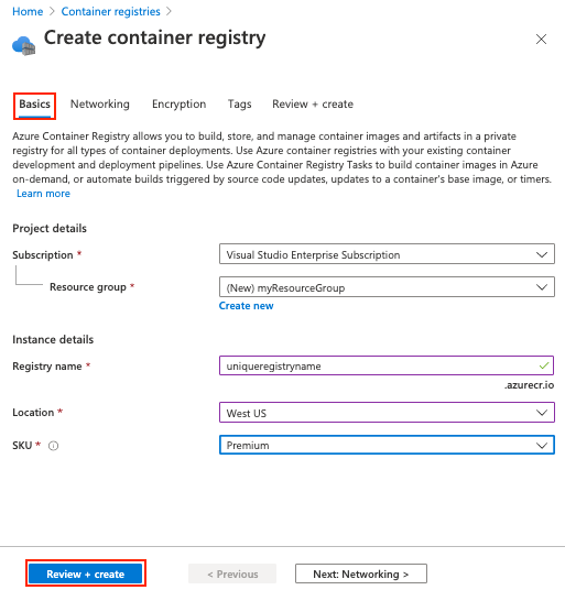 Azure Portal에서 컨테이너 레지스트리 구성