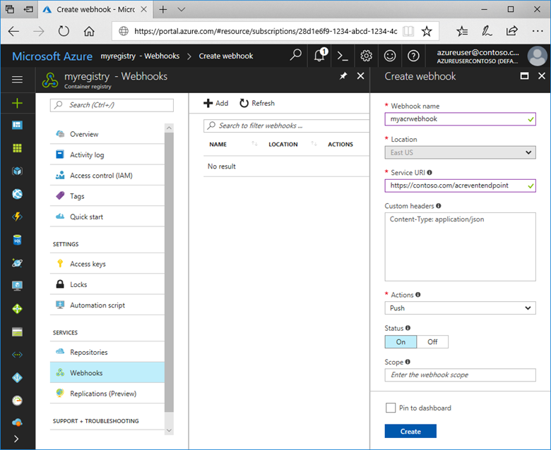 Azure Portal에서 ACR 웹후크 생성 UI을 보여 주는 스크린샷