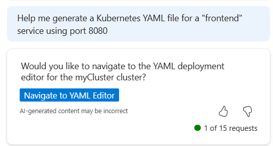 Azure의 Microsoft Copilot에서 AKS YAML 파일을 생성하는 데 도움이 되는 메시지의 스크린샷.