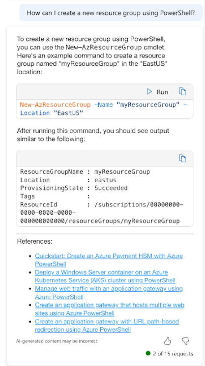 새 리소스 그룹을 만들기 위해 PowerShell cmdlet을 제공하는 Azure의 Copilot 스크린샷입니다.