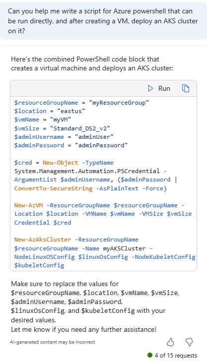 VM을 만들고 AKS 클러스터를 배포하는 PowerShell 스크립트를 제공하는 Azure의 Copilot 스크린샷입니다.