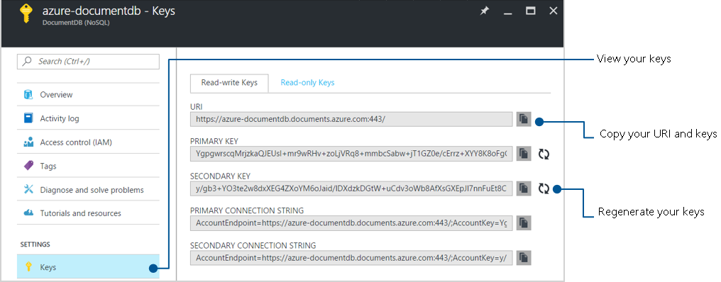 NoSQL 데이터베이스 보안을 설명하는 Azure Portal의 액세스 제어