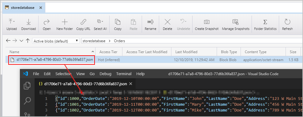 JSON 개체를 포함하는 생성된 파일을 보여 주는 스크린샷.