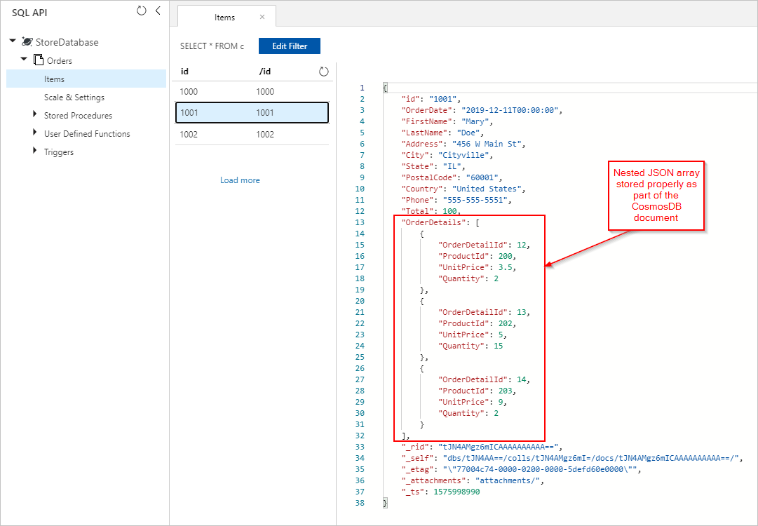 주문 세부 정보를 Azure Cosmos DB 문서의 일부로 표시하는 스크린샷