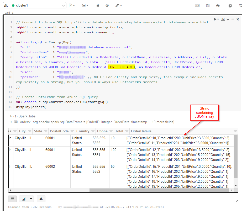 DataFrame에서의 SQL 쿼리 출력을 보여 주는 스크린샷.