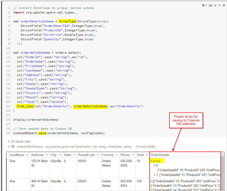 Azure Cosmos DB 컬렉션에 저장하는 데 적합한 배열을 강조 표시하는 스크린샷