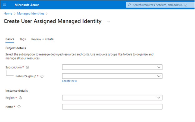 Azure Portal의 사용자가 할당한 관리 ID 페이지 스크린샷.