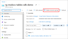 리소스 그룹 삭제 단추의 위치를 보여 주는 스크린샷