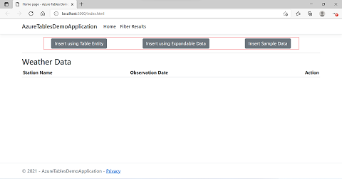 Table API를 사용하여 Azure Cosmos DB에 데이터를 삽입하는 데 사용되는 단추의 위치를 보여 주는 애플리케이션의 스크린샷