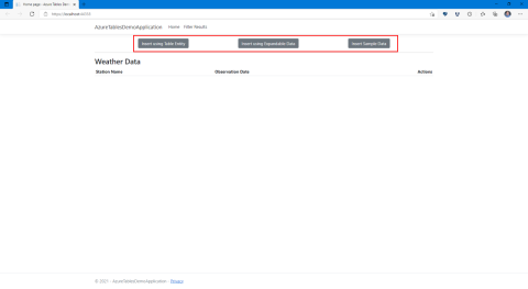 Table API를 사용하여 Azure Cosmos DB에 데이터를 삽입하는 데 사용되는 단추의 위치를 보여 주는 애플리케이션의 스크린샷