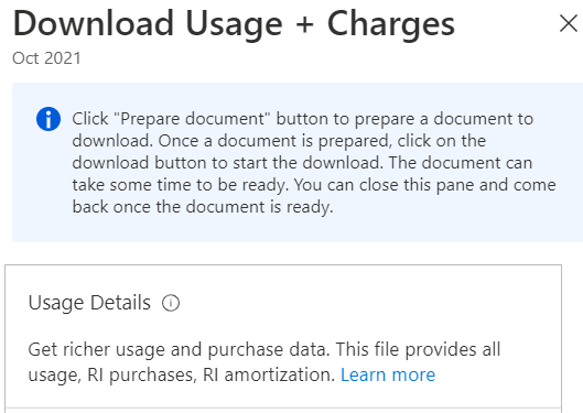 Screenshot showing the Download usage + charges window.