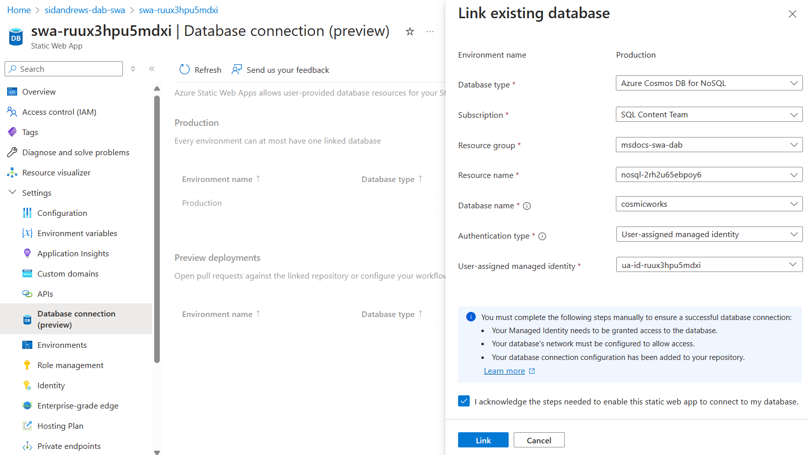 Azure Portal 정적 웹앱에 대한 데이터베이스 연결 페이지의 스크린샷