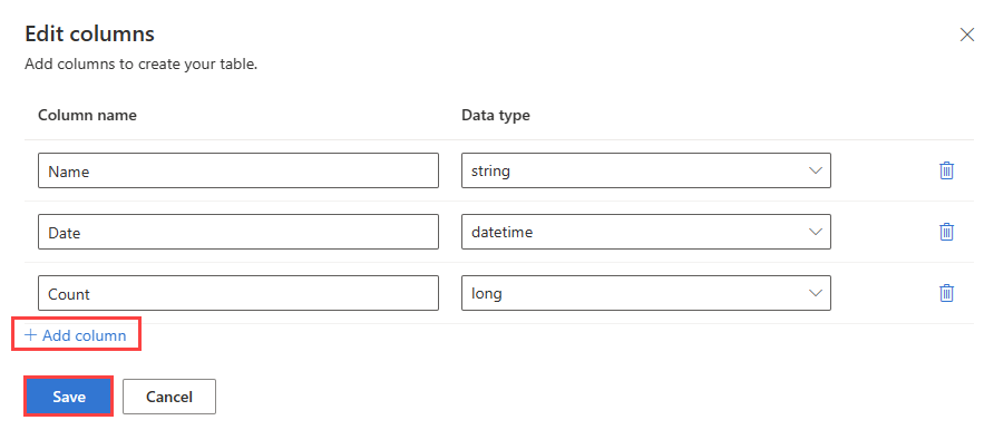 Azure Data Explorer에서 열 이름 및 데이터 형식을 입력하는 열 편집 창의 스크린샷