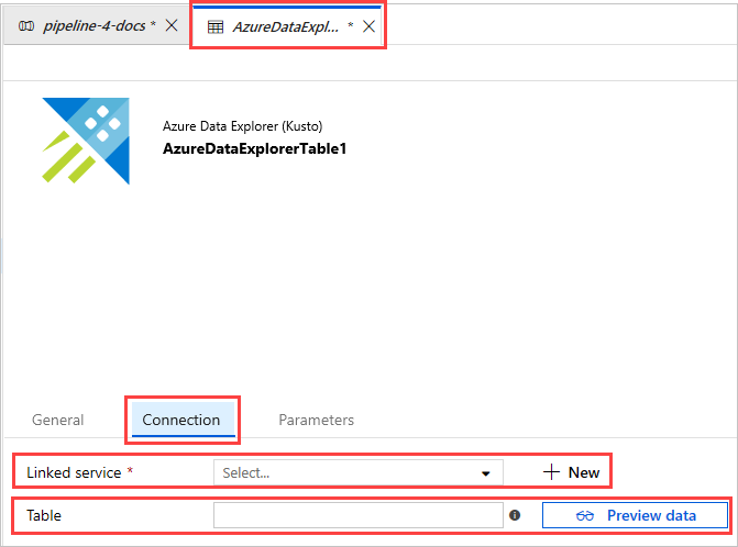 Azure Data Explorer 데이터 세트 속성 편집.