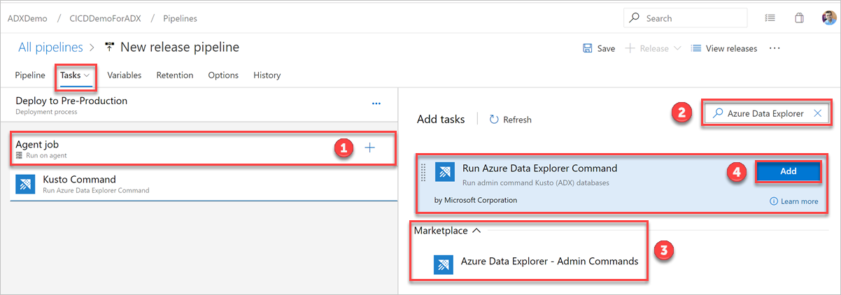 Azure Data Explorer 관리자 명령을 추가하는 방법을 보여 주는 스크린샷