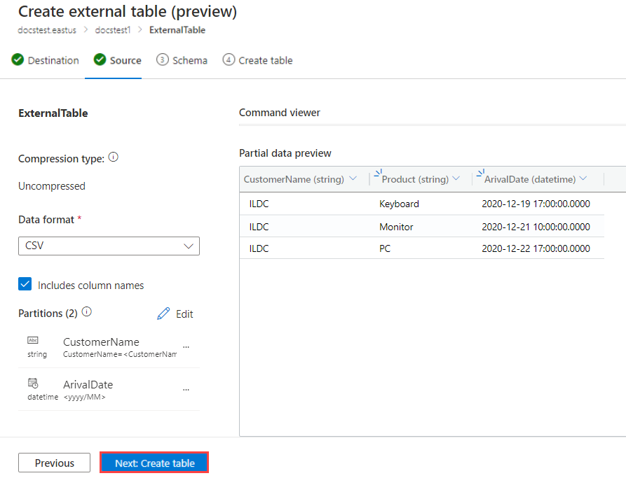 스키마 외부 테이블 Azure Data Explorer의 스크린샷.