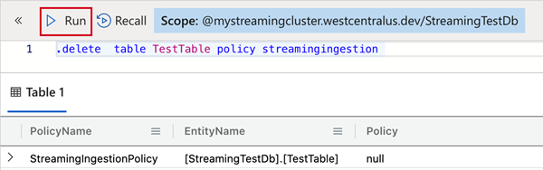 Azure Data Explorer에서 스트리밍 수집 정책 삭제.