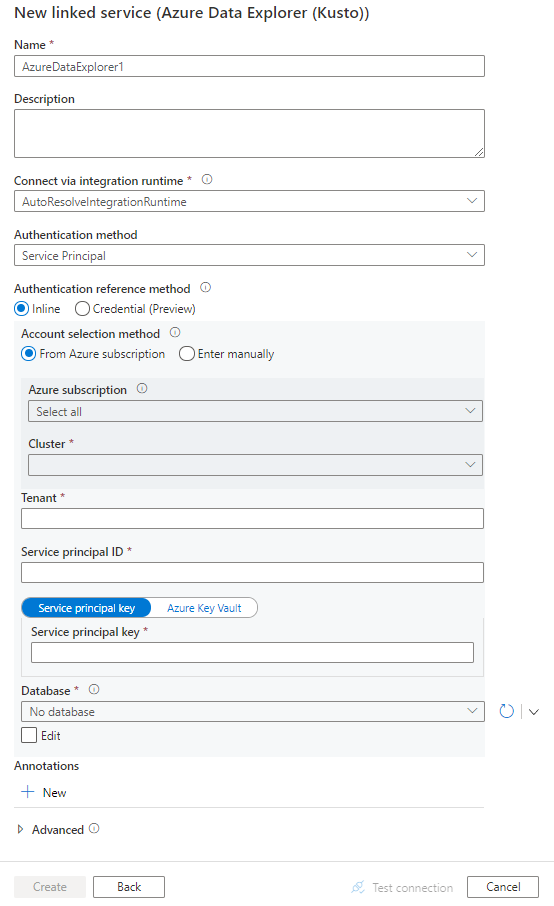 Azure Data Explorer의 연결된 서비스 구성 스크린샷