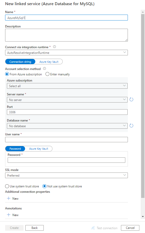 Azure Database for MySQL에 연결된 서비스를 구성합니다.