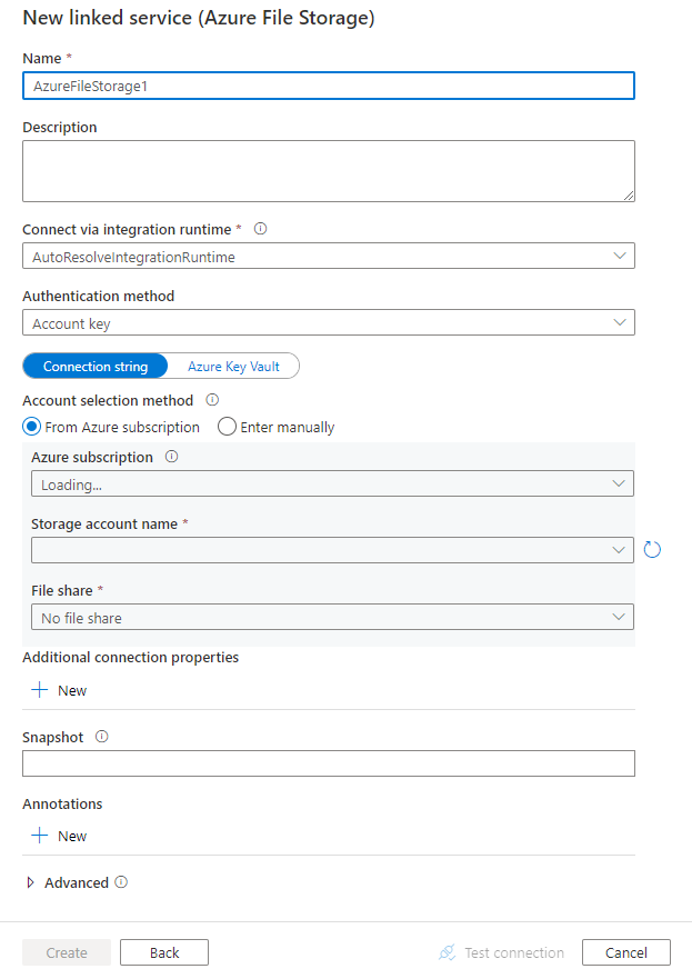 Azure File Storage에 연결된 서비스 구성의 스크린샷