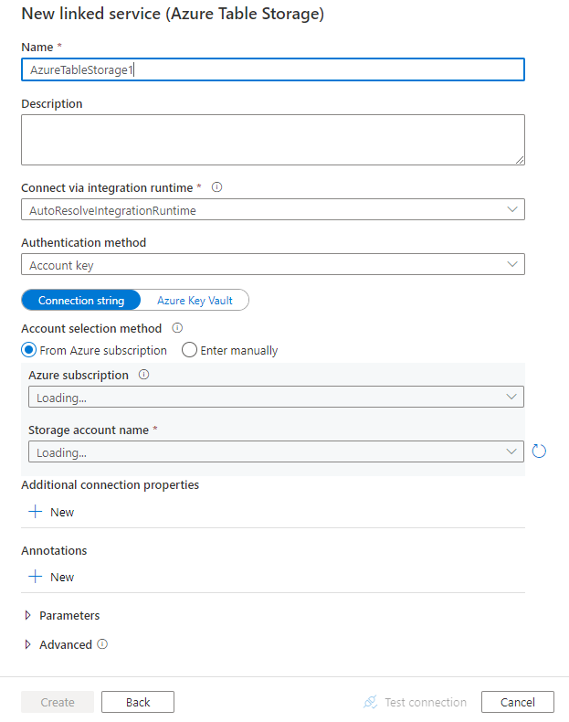 Azure Table Storage 연결된 서비스의 구성 스크린샷.